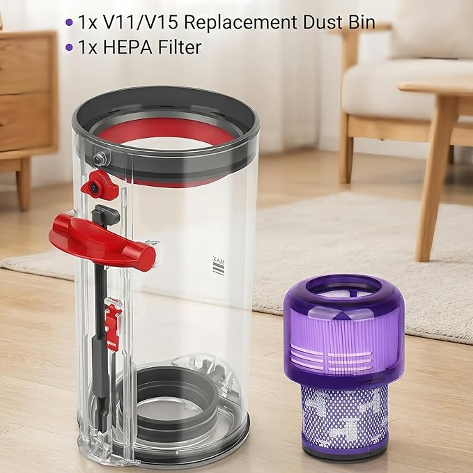 V11 V15 Upgraded Dust Bin Replacement & HEPA Filter for Dyson V11 V15 SV14 SV15 SV22 Vacuum Cleaner, Canister Dirt Cup Spares Part 969509-01 965440-01, Fixes Broken Latch & Restores Suction