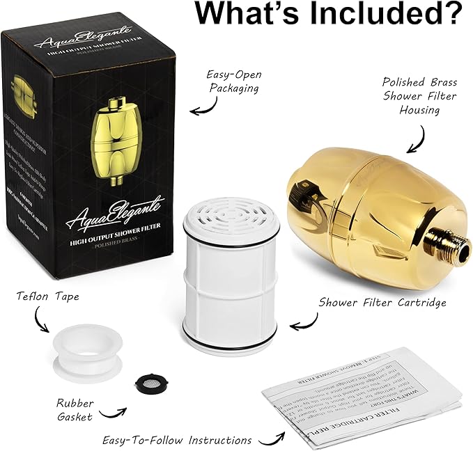 Aqua Elegante Shower Water Filter - Chlorine Showerhead Filters Using Only Proven Ingredients, Universal Home Purifier And Filtered Softener System Best for Skin and Hair - Polished Brass