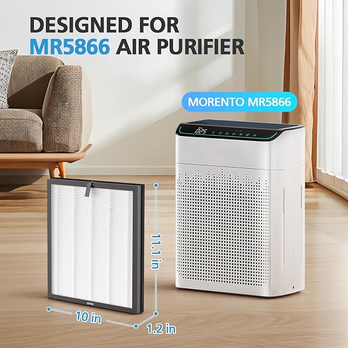 MR5866 Replacement Filter Compatible with MORENTO & FLANUR MR5866 Air Purifier, HEPA Filter Perfect for Home Large Room, MR5866 Filter for 99.97% Air Pollutants, Odor and Smoke, Original, 2 Pack