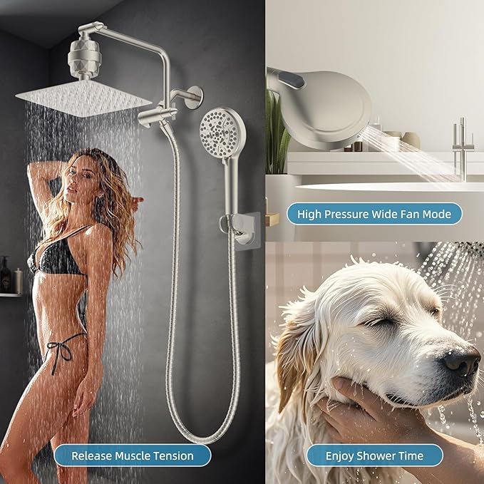 Filtered Shower Head, 10" High Pressure 10-Spray Handheld/Rainfall Shower Head Combo with 20 Stage Shower Filter, 11" Shower Extension Arm, 71" Hose, Shower Head Holder, Brushed Nickel