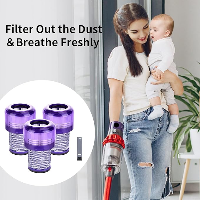 Keluke 3 Pack Filter Replacement Compatible with Dyson V12 Detect Slim, V12 Slim Absolute, V12 Slim Motorhead,V12 Detect Slim Fluffy,3 Filters and 1 Clean Brush,Compare to Part 971517-01