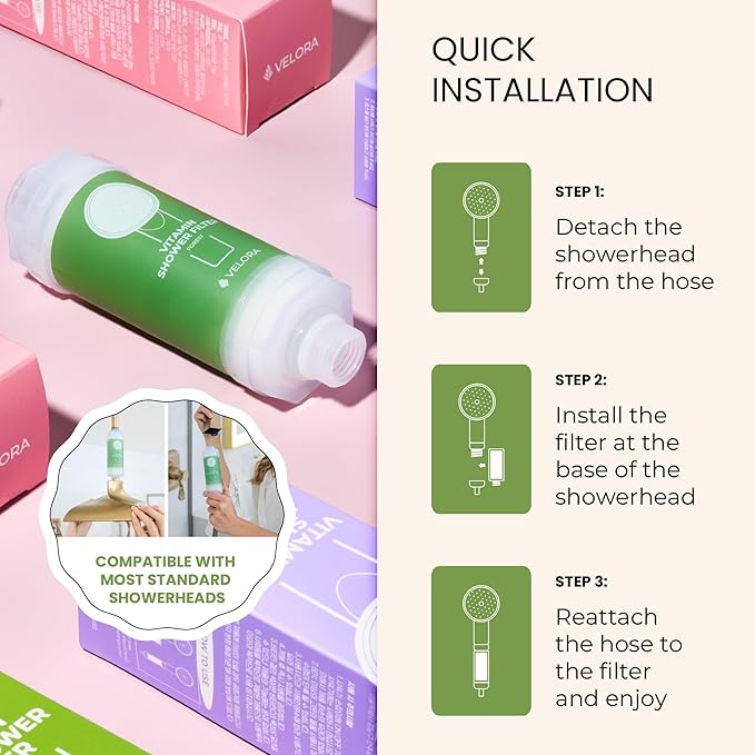 VELORA Vitamin C Shower Filter and Water Softener for Hard Water - Aromatherapy Shower Head Attachment - Universal Fit, No Tools - Replenish Dry, Itchy Skin and Nourish Hair - Forest-Scented