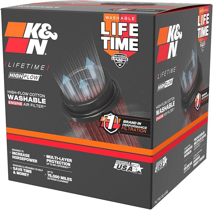 K&N High-Flow Original Lifetime Universal Clamp-On Air Filter:Performance, Premium, Washable: Flange Diameter: 4.5 In, Filter Height: 4.5 In, Flange Length: 0.625 In, Shape: Round Tapered, RU-1005