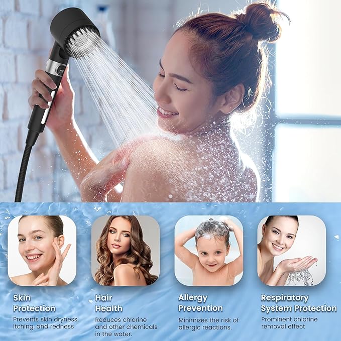 PWERAN Filtered Shower Head with Handheld, 3+1 Spray Modes High Pressure Shower Head with 2-PCS Filters for Hard Water Remove Chlorine, Detachable Showerhead with ON/OFF Switch for Pet Bath (Black)