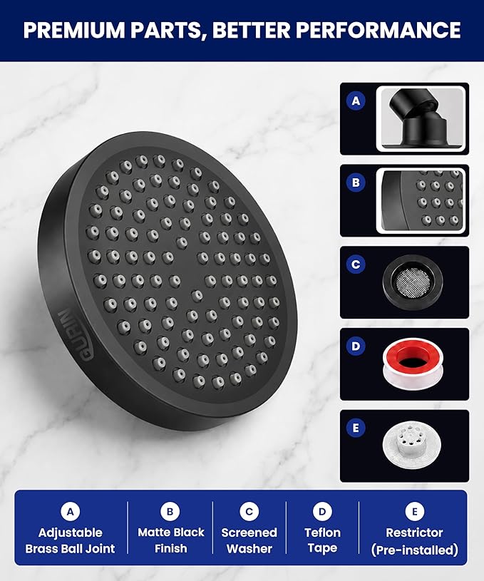 GURIN Shower Head - Powerful High Pressure Rain Shower Head 6 Inch - Luxury Rainfall Showerhead with Adjustable Angles, 90 Anti-Clog Nozzles, Tool-Free 1-Min Install, Premium Matte Black Finish