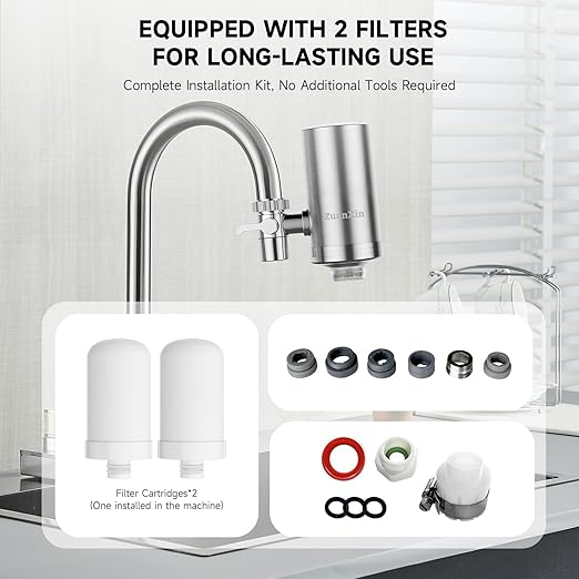 Water Filter for Sink Faucet, Stainless Steel Water Purifier for Kitchen Sink, Reduces PFAS, Lead, Chlorine & Microplastics, 350 Gallons Long-Lasting for Kitchen & Bathroom, 2 Filters