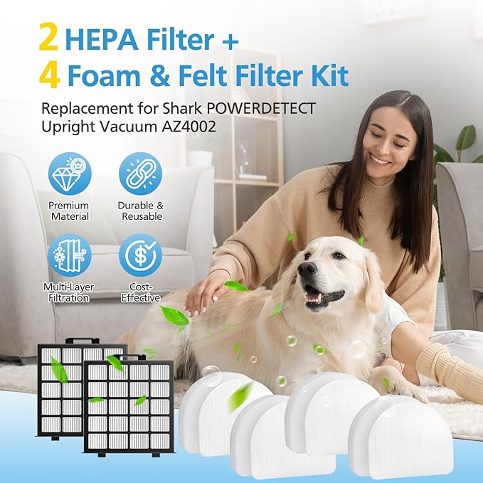 AZ4002 Replacement Filters Compatible with Shark POWERDETECT Upright Vacuum Cleaner AZ4002 AZ4000 AZ4000C AZ4002W, 2 HEPA Filters and 4 Foam & Felt Filters