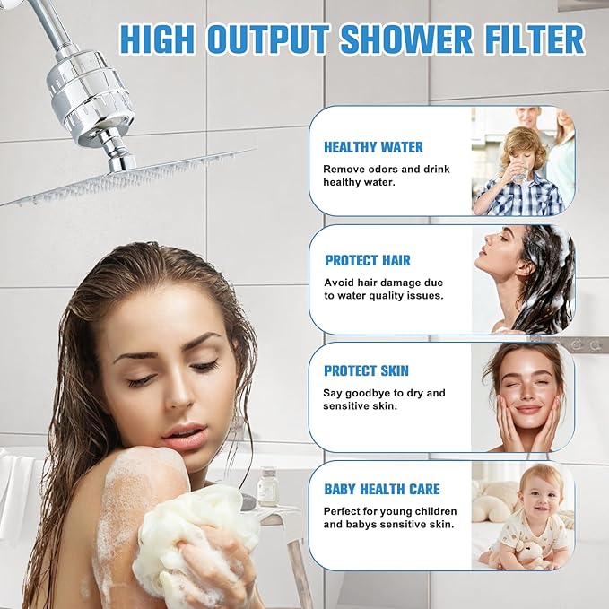 2 Pack Shower Filter for Hard Water, High Output Filtration Removes Chlorine, Fluoride, Heavy Metals & Odor, Universal Shower Head Filter System for Skin & Hair Care, Chrome Finish