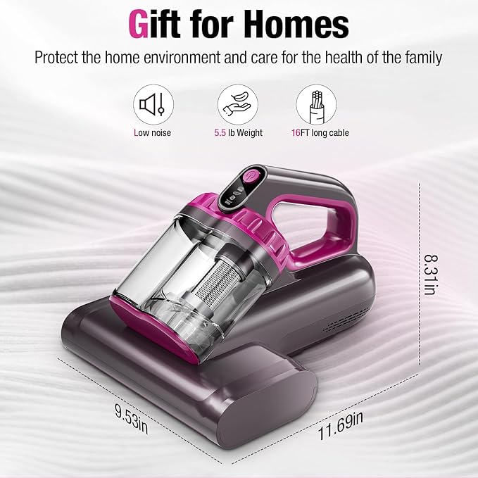 BYHUME Mattress Vacuum Cleaner, 17Kpa Bed Vacuum Cleaner, 273nm UV-C Light & Ultrasonic 145°F Heating, 80000 RPM/Min Brushroll Rotation, Wide Suction Port for Pillows Cribs Sofa, Black Corded