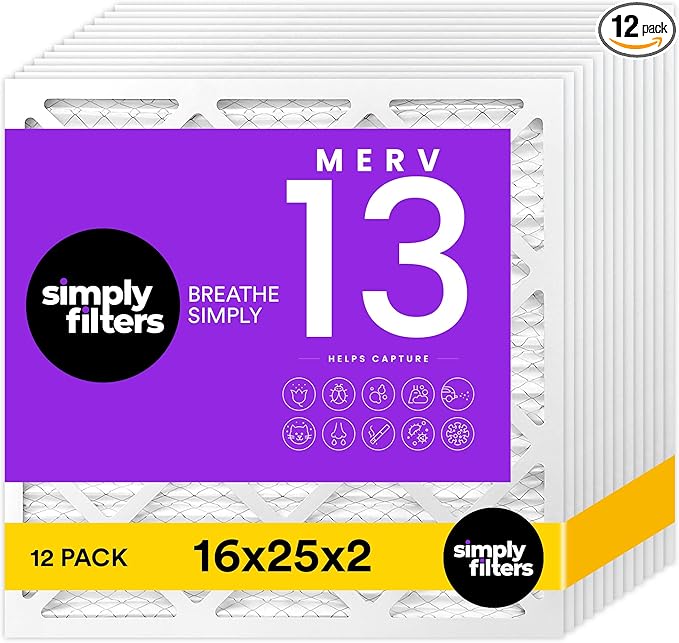 Simply 16x25x2 Air Filter, MERV 13, 12 Pack, Furnace Air Filter for HVAC (Actual Size: 15.5"x24.5"x1.75") DUST, Pet & Allergy Control