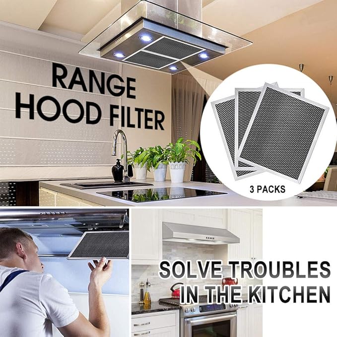 97007696 Range Hood Filter Charcoal Odour Filter for Range vent hood by Cenipar (8 3/4" X 10 1/2" X 3/8")-3 Pack