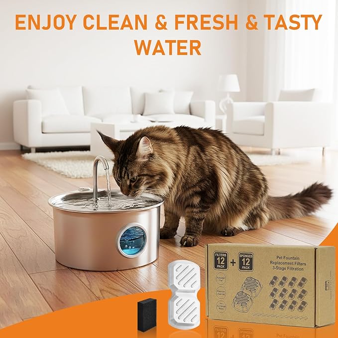 24 Pcs Replacement Filters for Cat Water Fountain Stainless Steel with Water Level Window, 12 Packs Pet Fountain Filters & Sponges, 6 Months Set Easy-Swap