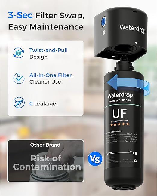 Waterdrop 10UB-UF 0.01 μm Ultra Filtration Under Sink Water Filter System, Reduces Lead, Chlorine, Bad Taste & Odor, 1 Year, with Dedicated Brushed Nickel Faucet
