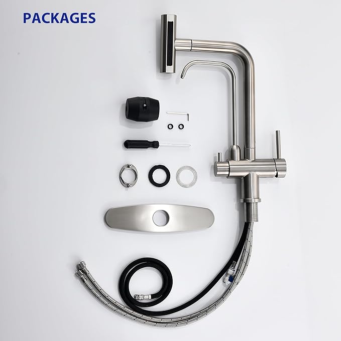 Waterfall Kitchen Faucet with Water Filter,Upgraded Separate Drinking Water 2 Handle Kitchen Faucet with Pull Down Sprayer, Brushed Nickel 3 in 1 Sink Faucets, Without Water Filtration Device