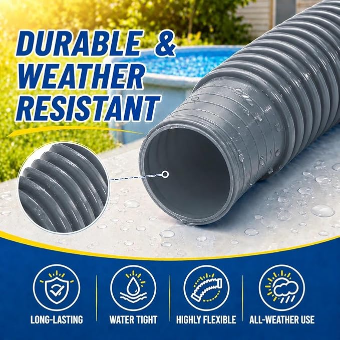 Replacement Pool Hoses for Above Ground Pools 1 1/4, 59"" Long Filter Pump Hose, 1 Pack Pool Pump Hose with 2 Metal Clamps (Grey), Gray
