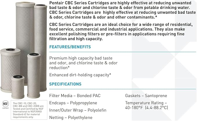 Pentair Pentek CBC-10 Carbon Block Water Filter, 10" x 2.5", Bonded Powdered Activated Carbon (PAC), 0.5 Micron, 20,000 Gallon Capacity, Pack of 2