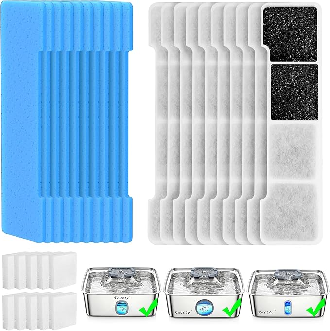 Kastty 15L Dog Water Fountain Filter Replacement, Pet Water Fountain Filter Made of Activated Carbon and PP Cotton, 10 Pack Dog Water Filter Dispenser 10 Pack Pre-Filter Sponge with 10 Pump Sponge