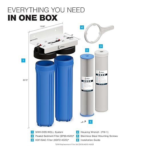 iFilters MWH-D20-WELL Dual-Stage 4.5" x 20" Whole House Well Water Filter System – Sediment & GAC/KDF Filtration, Reduces Iron, Sulfur, Chlorine, Odor – 1" High Flow Ports