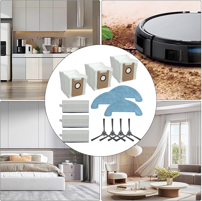 13Pcs Vacuum Parts For Loorow AT800 3-In-1 Robot Vacuum Accessories, 4 Side Brushes 3 Filters 3 Mop Pads 3 Dust Bags For Loorow AT800 3-In-1 Robot Cleaner Replacement Parts Set