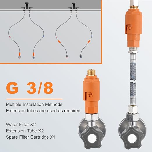 TIORIY 2 Pack Sediment Water Filter G 3/8 (9/16") with Hose, Conncet Angle Valve, 35 Micron Reusable Under Sink Inline Water Filter with 12in Extension Tube, Compression Fitting for Bathroom Kitchen