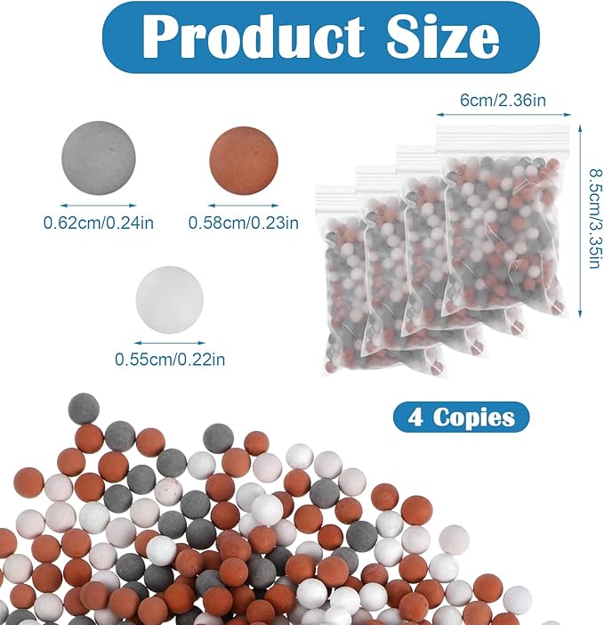 4 Packs Shower Envy Refills, Shower Head Beads 240g, Mineral Stone Balls for Water Filtration for Filtered Showers Head (Orange Gray White)