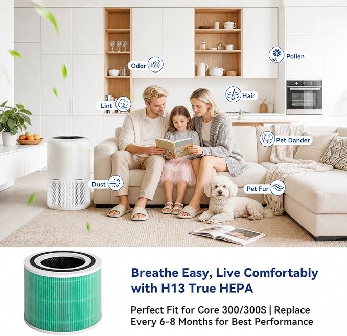 Core 300 Toxin Absorber Replacement Filter for LEVOIT 300-P 300-S Vortex Air, H13 True HEPA Activated Carbon 99.97% Filtration for Dust Pollen Allergens Pet Hair Odors, Replaces Core 300-RF, 2 Pack