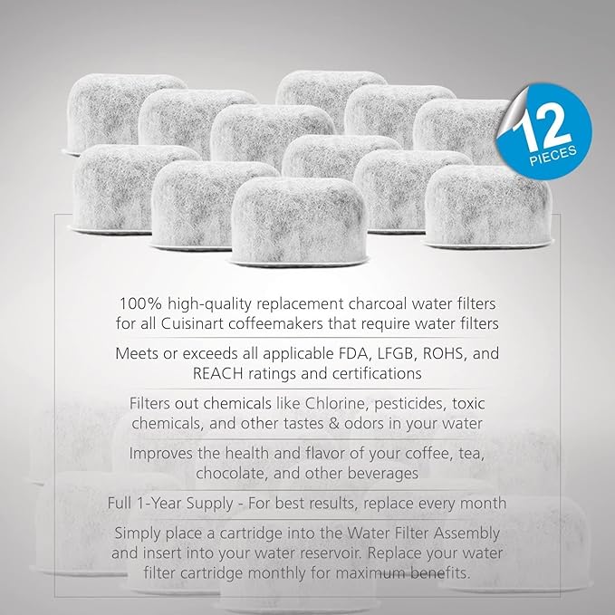 12-Pack Replacement Charcoal Water Filters for Braun Coffee Makers - Fits All Braun BrewSense Drip Series Coffee Machines