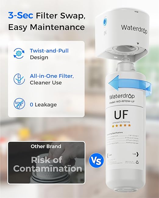Waterdrop 10UBW-UF 0.01 μm Ultra Filtration Under Sink Water Filter System, Reduces Lead, Chlorine, Bad Taste & Odor, 1 Year, with Dedicated Brushed Nickel Faucet