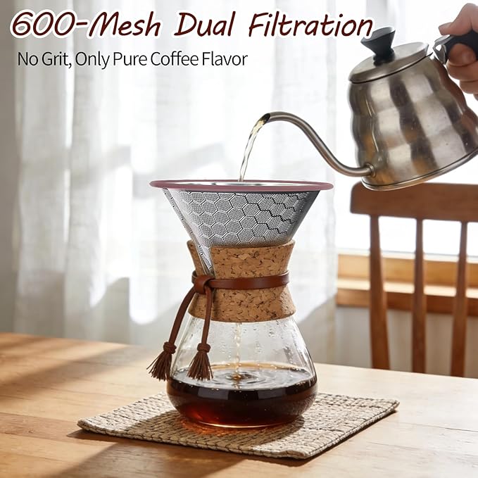Chemex Coffee Filter, Reusable 600 Mesh Double Layer Stainless Steel Pour Over Filter - Compatible with Chemex 6/8/10 Cup, Hario V60 02/03, Bodum - Universal Coffee Dripper