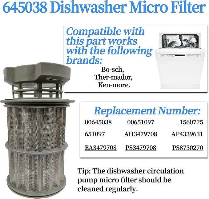 645038 Dishwasher Drain Mesh Micro Filter Replacement Compatible with Bos-ch Ther-mador Ken-more Dishwashers Fits Model AP4339631, 00651097, 651097, 1560725, AH3479708