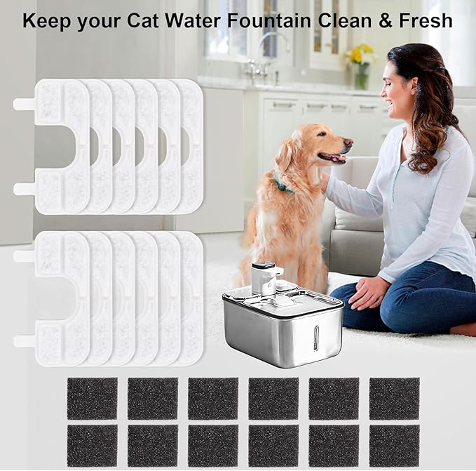 12 Pack Cat Water Fountain Filters Replacement & Pump Sponges Filter Compatible with Qinliy Q108 123oz/3.5L Wireless Cat Water Fountain, High Filtration Cat Water Filter
