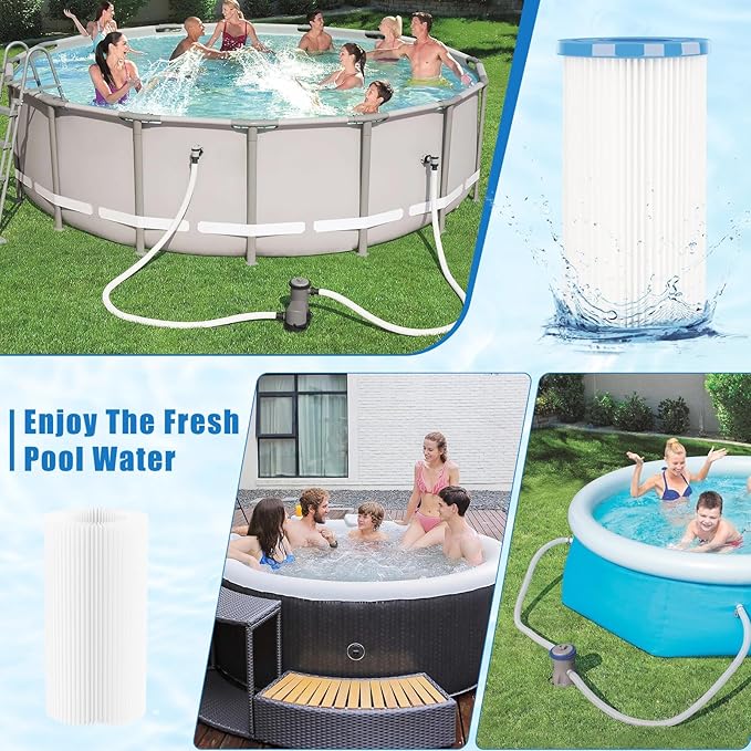 Universal Pool Filter Cartridge Type A/C or III, 12 Pack Reusable Swimming Pool Filter for Above Ground Pools, Efficient Filtration & Keep the Water Clean