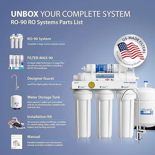 APEC Water RO-90, 5-Stage Under Sink Reverse Osmosis Water Filter System, NSF Certified 372 & 58, 90 GPD, Reduces 99% of Impurities