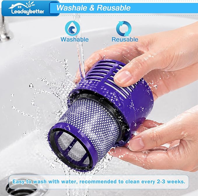 Leadaybetter Vacuum Filter Replacements for Dyson V10 Cyclone Series, V10 Animal, V10 Absolute, V10 Total Clean, SV12, SV27, Part No. 969082-01 (2 Pack Filters and 1 Clean Brush)