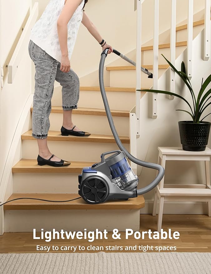 Aspiron 1700W Canister Vacuum Cleaner, 45Kpa Bagless Vacuum Cleaner, Multi-Cyclonic Filtration, 2 Anti-Allergen HEPA Filters, 3.5QT Dust Cup, 4 Tools, No Hair Tangles for Hard Floor, Pet Hair, Navy