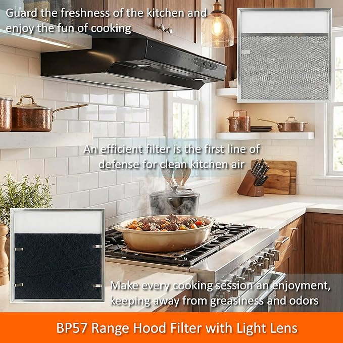 1-Pack BP57 Range Hood Filter with Light Lens 11 3/8 x 11 3/4 In Stove Vent Grease Filter for Br-oan Nut-one 43000 Series/BUEZ3/SL6200R Kitchen Exhaust Fan Carbon Filter Replacement