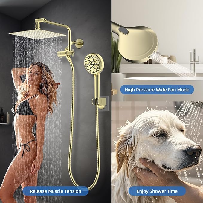 All Metal Shower Head, 10" High Pressure Rainfall/Handheld Shower Combo with 11" Extension Arm, 10-Spray Handheld Showerhead, 71" Long Hose, 3-Way Diverter Valve, Shiny Gold