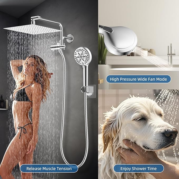 12" All Metal Shower Head, High Pressure Rainfall Shower Head/Handheld Showerhead Combo with 11" Adjustable Shower Extension Arm, 71" Hose, Shower Head Holder, Chrome