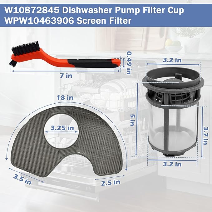 W10872845 Dishwasher Pump Filter Cup WPW10463906 Screen Filter Compatible with Whirlpool Kenmore Amana Kitcheniad Dishwasher 8579307,W10056425,W10142911,W10056426,W10463906, W10195360