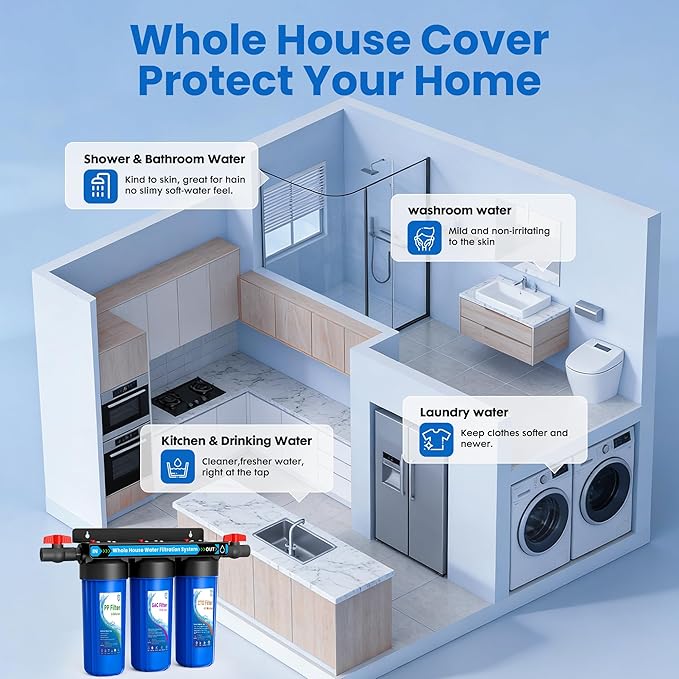 Whole House Water Filter System, Extra 2 Sets Filter, 3 Stage Home Water Filtration System Reduces Chlorine, Sediment, Odor for Healthier Skin, with 2 Valves, 3/4" Ports, for 1-2 Year Use