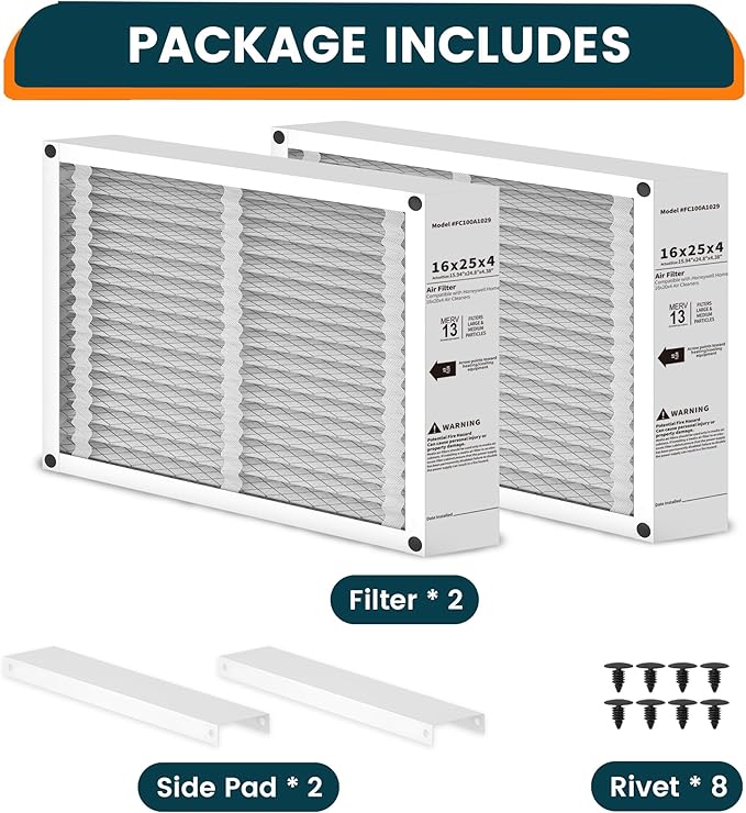 2-Pack 16x25x4 AC Air Filter Compatible with Honeywell FC100A1029 & Lennox, MERV 13, Electrostatic Furnace Filter Replacement, Foldable Design, Actual Size:15.94x24.86x4.38in
