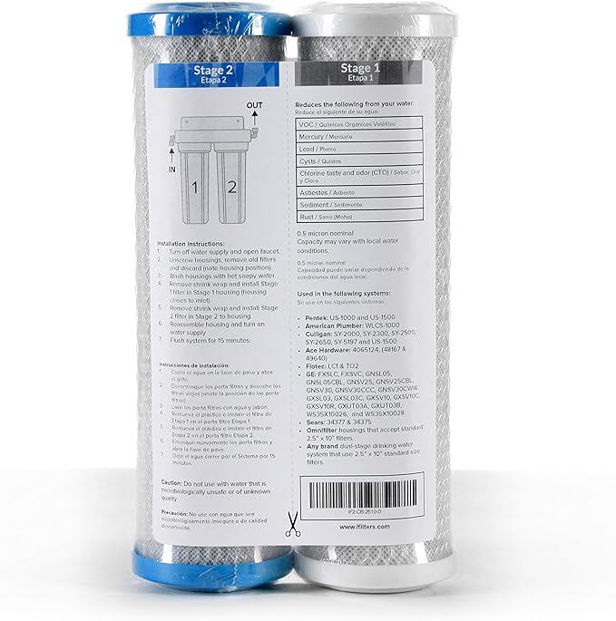 Smart Pack Dual-Stage Under-Sink Water Filter Replacement โ 5 & 0.5-Micron CTO Carbon Block, 2.5โ x 10โ | Fits GXSV10R & Compatible Under-Sink Systems