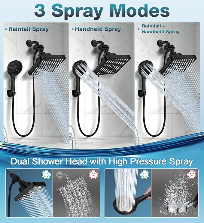 Dual Filtered Rain Shower Head Combo, High Pressure 10 Modes Handheld Shower Head Built in Water Filtration, 6 inch Rainfall Shower Head with Filter for Hard Water, Black