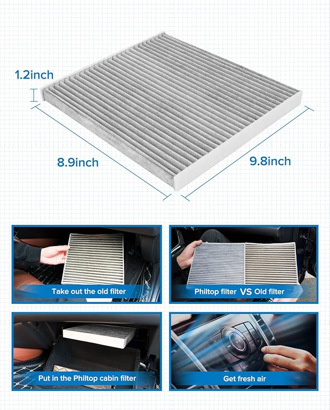 PHILTOP HEPA Cabin Air Filter w/Activated Carbon, Compatible with CF12000 Jeep Cherokee 2014-2018, Chrysler 200 2015-2017, Filter Up Dust Pollen Odor