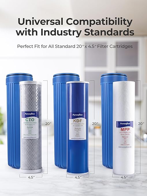 3-Stage Whole House Water Filter System, Heavy Metal Reduction, 20x4.5 Inch, Includes PP, KDF & CTO Carbon Block, 1" NPT Brass Ports, Drain Valves & Install Kit