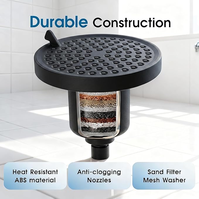 360 Degree Rotated Black Shower Head & Filter COMBO ! Anti - Chlorine Hard Water Filtered Shower Heads 6Inch- 7 Sprays High Pressure Showerheads with 25 Stage Filtration for Adult and Baby