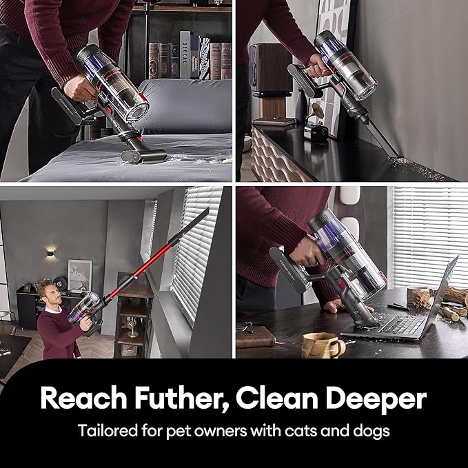 Ultenic Cordless Vacuum Cleaner, 600W 55Kpa 60Mins Runtime, Stick Vacuum Cordless with 180°Bendable Wand, Anti-Tangle Brush, Vacuum Cleaners for Home/Pet Hair/Carpet/Floor (Red)