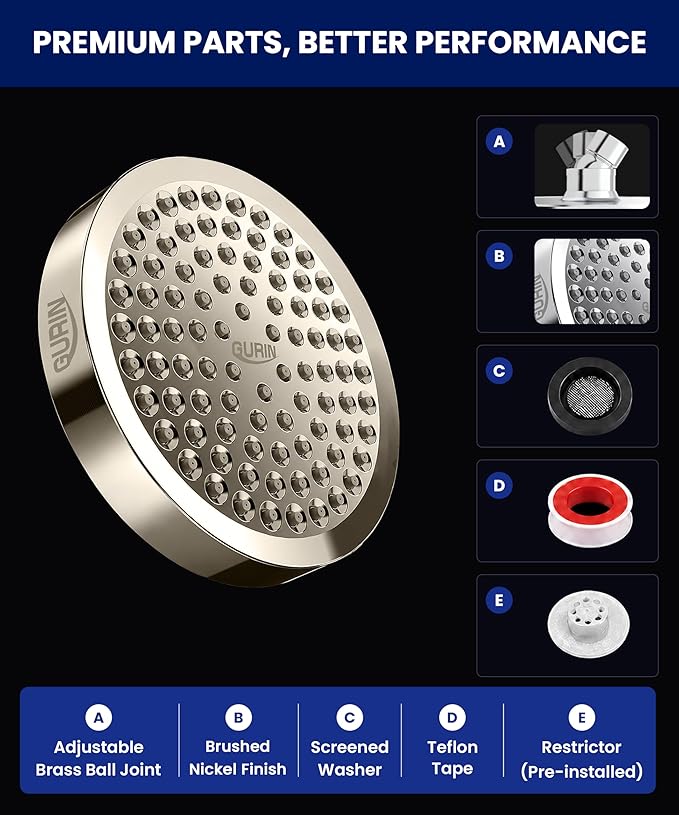 GURIN Shower Head - Powerful High Pressure Rain Shower Head 6 Inch - Luxury Rainfall Showerhead with Adjustable Angles, 90 Anti-Clog Nozzles, Tool-Free 1-Min Install, Premium Brushed Nickel Finish