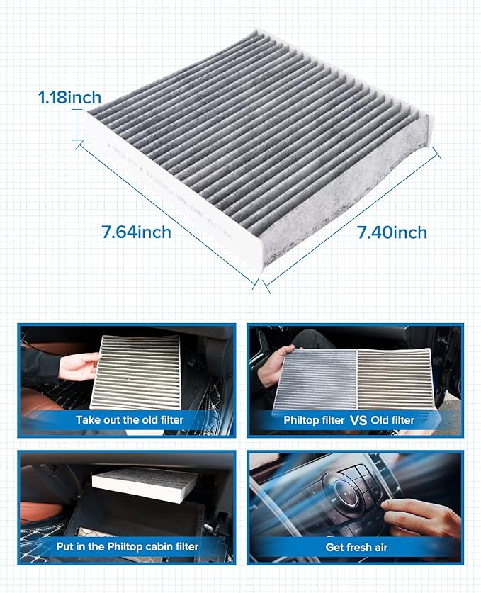 PHILTOP HEPA Cabin Air Filter w/Activated Carbon, Compatible with CF11924 Fiat 500 2012-2019, Filter Up Dust Pollen Odor