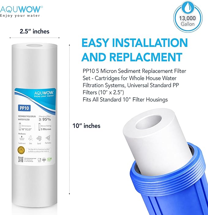 PP10 5 Micron 2.5" x 10" Filter Set – Sediment Replacement Cartridges for Whole House Water Filtration Systems, Universal Standard PP Filters (6, 10 x 2.5)
